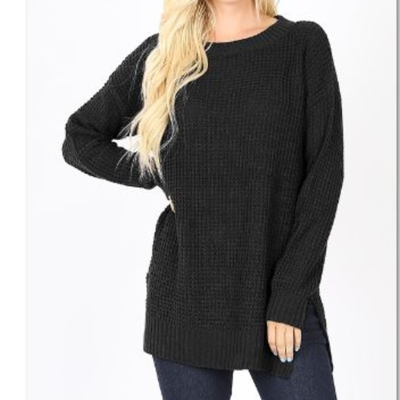 Zenana Outfitters Sweaters - LONG SLEEVE ROUND NECK WAFFLE SWEATER SIDE SLIT